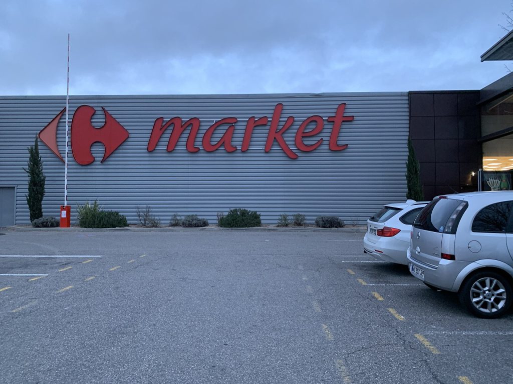 Front of a Carrefour Market supermarket in Rillieux-la-Pape, near Lyon, France