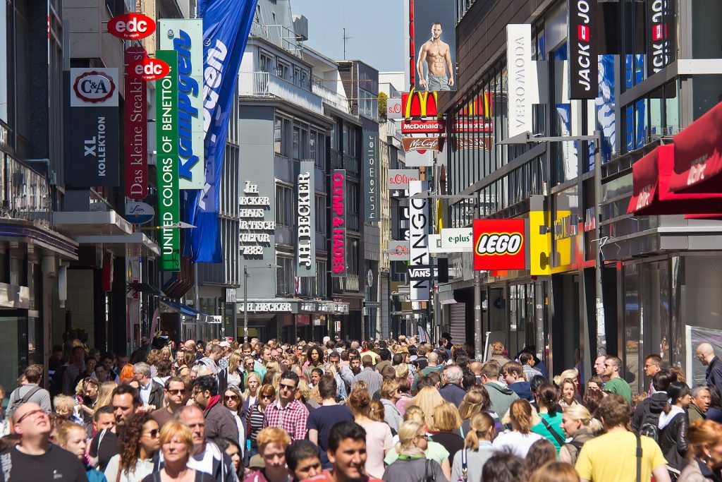 Crowd of shoppers on Hohe Straße shopping street in Cologne